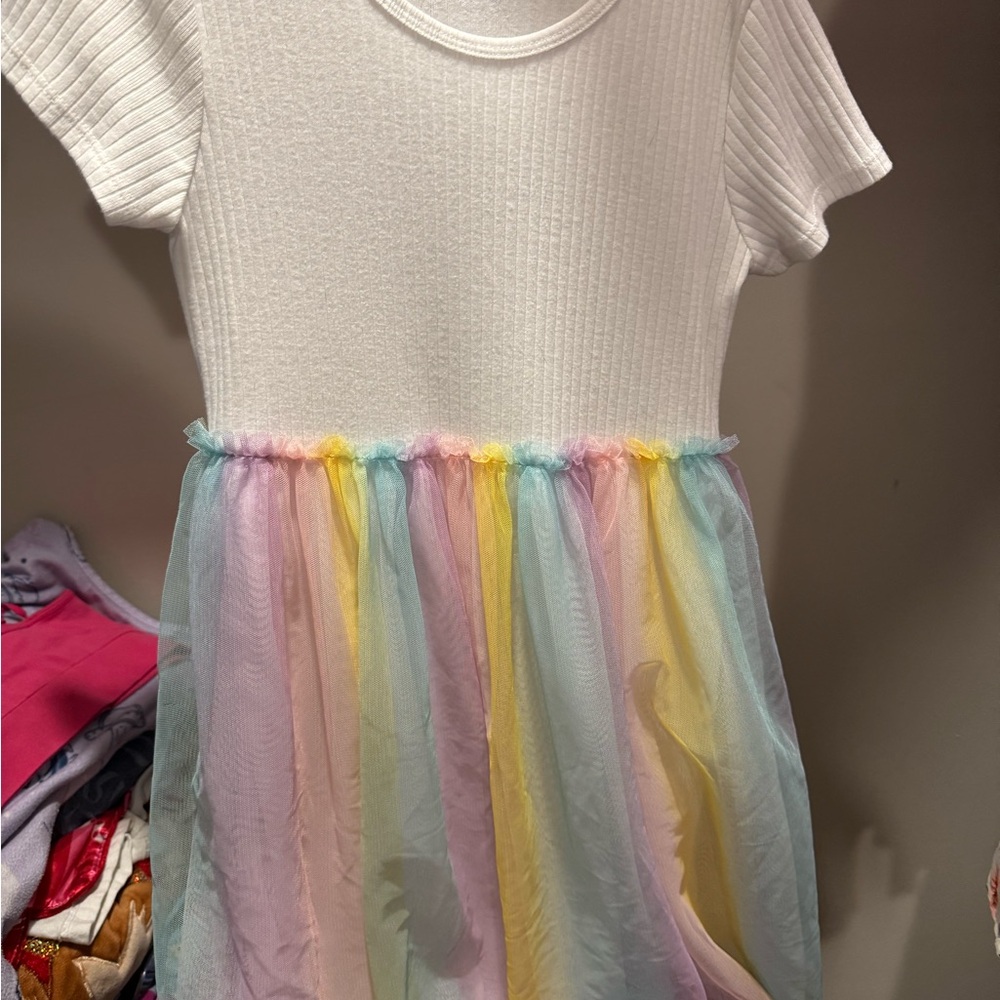 White Ribbed Top with Pastel Rainbow dress